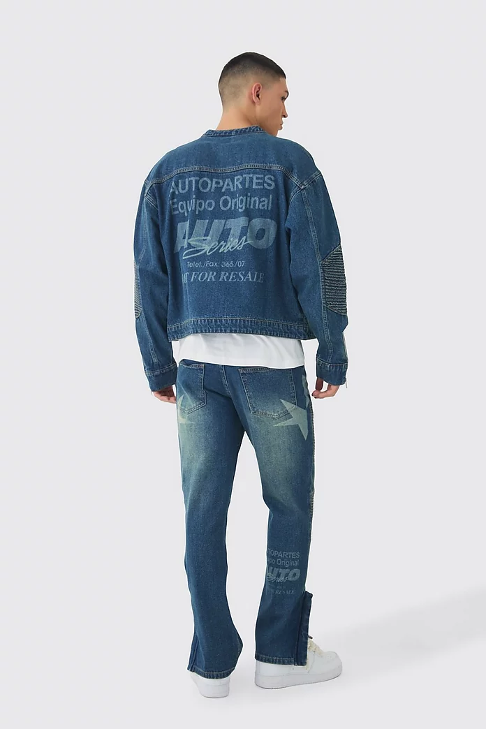 Boxy Denim Moto Star Laser Print Biker Jacket | boohooMAN USA Boxy Denim Moto Star Laser Print Biker Jacket | boohooMAN USA